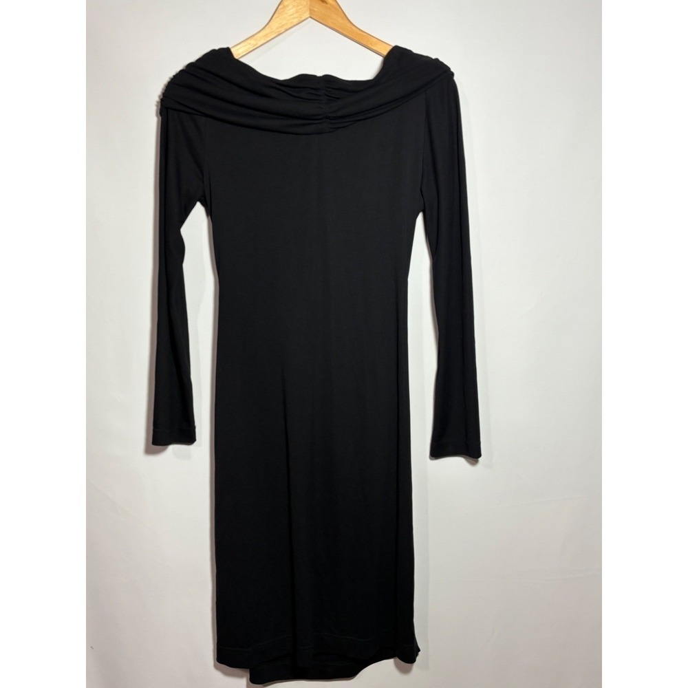 St John Couture Dress Women 8 Black Draped Neck Ruched Long Sleeve Knee Length - Picture 6 of 10